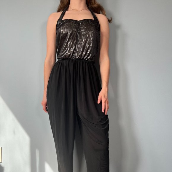 Vintage 80s Jumpsuit, 1980s Black Metallic Halter Parachute Pant One Piece - Picture 3 of 9
